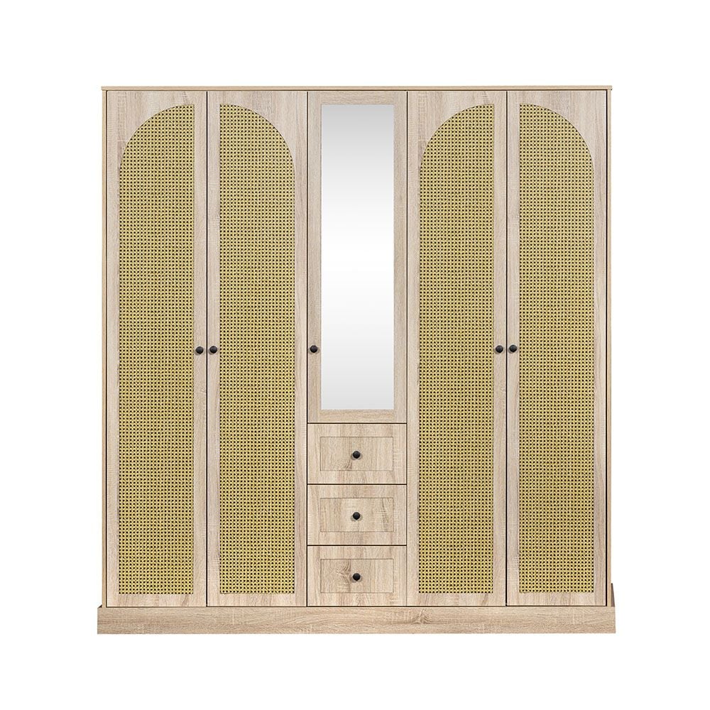 Bali 5 Door Wardrobe W/3 Drawers & Mirror-Light Oak