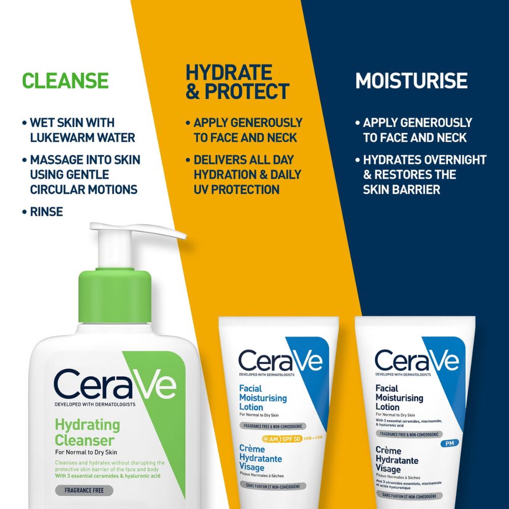 CeraVe Exclusive Skincare Routine Simplified Set for Face Cleansing & Moisturising with Hyaluronic Acid, SPF & Niacinamide