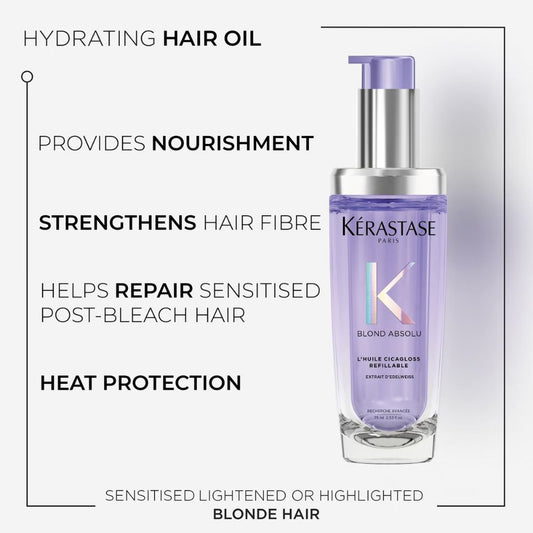 Kérastase Blond Absolu L’Huile Cicagloss Refillable Hair Oil 75ml and Refill Capsule Duo for Blonde or Lightened Hair