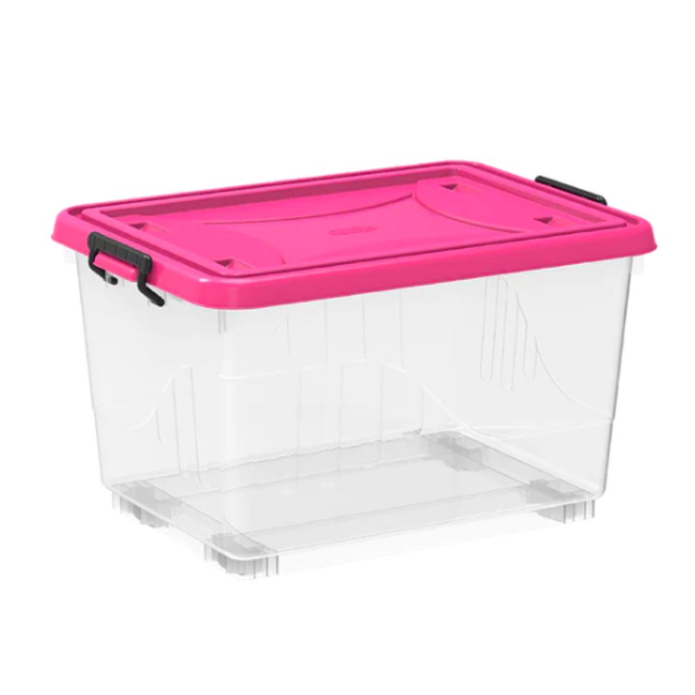 Cosmoplast Clear Plastic Storage Box with Wheels & Lockable Lid 55L