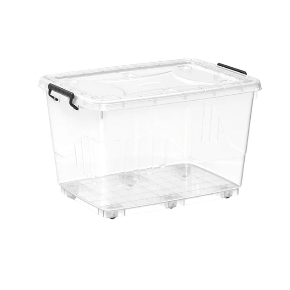 Cosmoplast Clear Plastic Storage Box with Wheels & Lockable Lid 82L