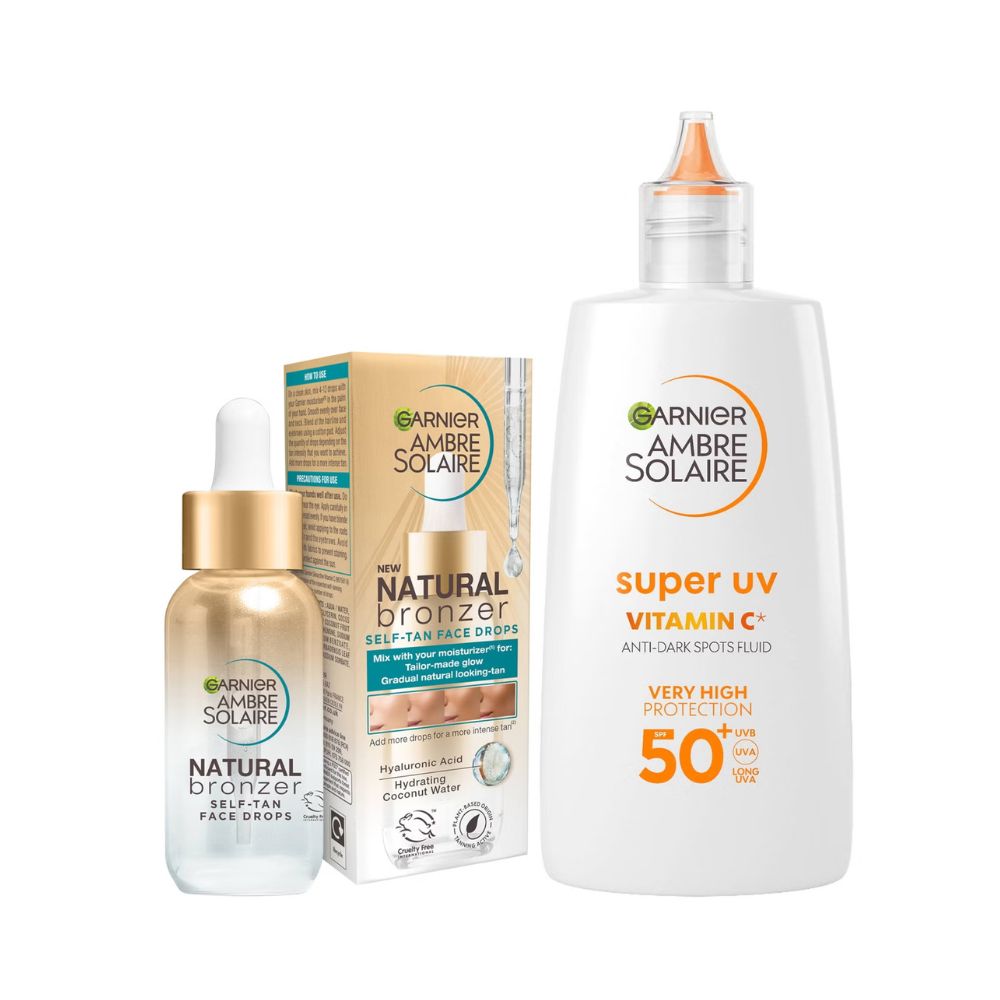 Garnier Glow and Protect Duo: Natural Bronzer Self-Tan Drops and Ambre Solaire Vitamin C Facial SPF50+ Fluid