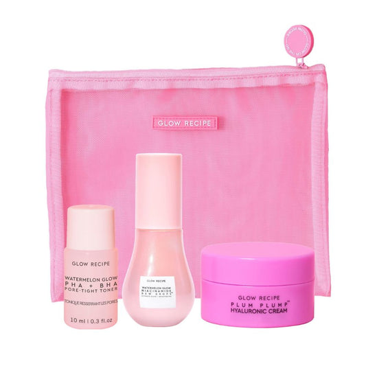 Glow Recipe Bestsellers Travel Trio: Watermelon Toner, Dew Drops and Plum Cream in Pink Mesh Pouch